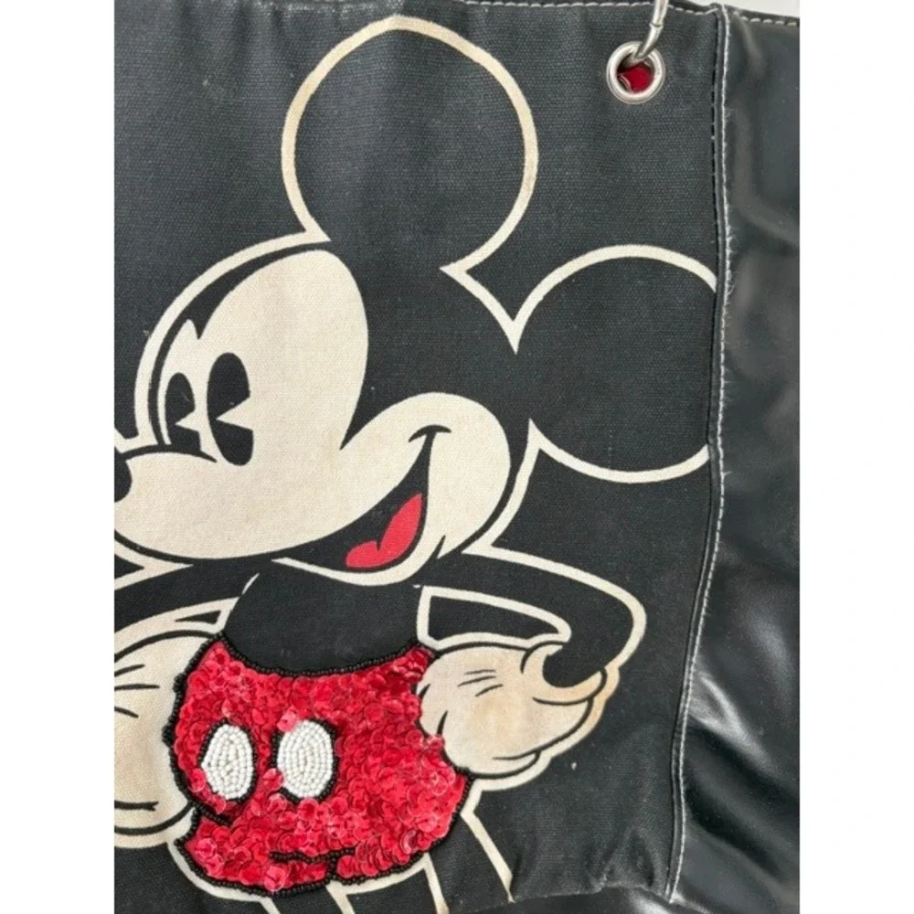 Disney Mickey Mouse Black Canvas Faux Leather Tote Bag Red Sequin Shorts Vintage